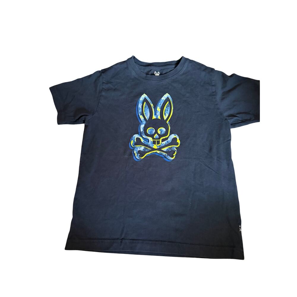 Psycho Bunny Boys Graphic Tee Size M 10/12 Black Blue Yellow Tie Dye Skull Pima